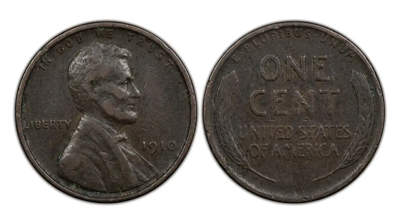a circulated 1910 penny showing authentic wear and dark patina