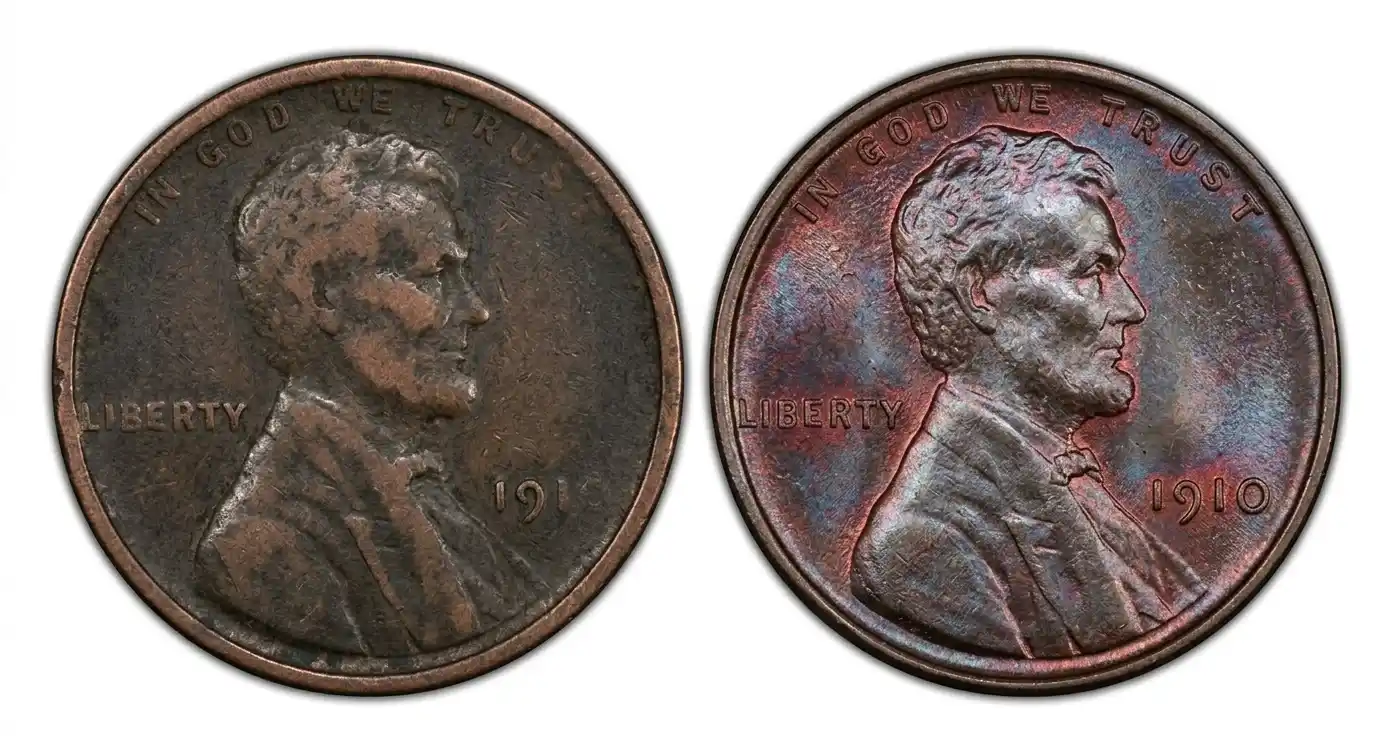 two 1910 pennies side by side comparing worn and uncirculated condition