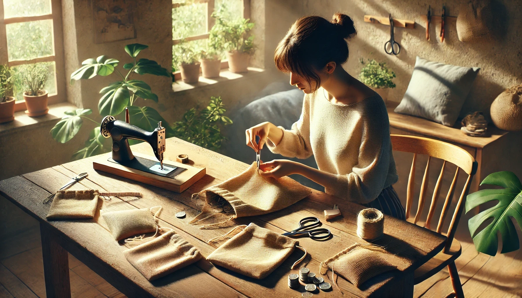 A woman is meticulously crafting eco-friendly, hemp bags for her coin collection at a wooden desk in a cozy, sunlit room.