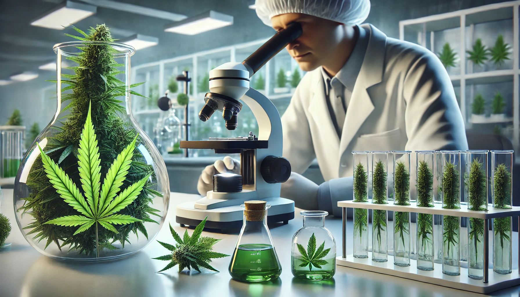 a cannabis research lab with modern equipment, such as microscopes and glass beakers filled with cannabis extracts.