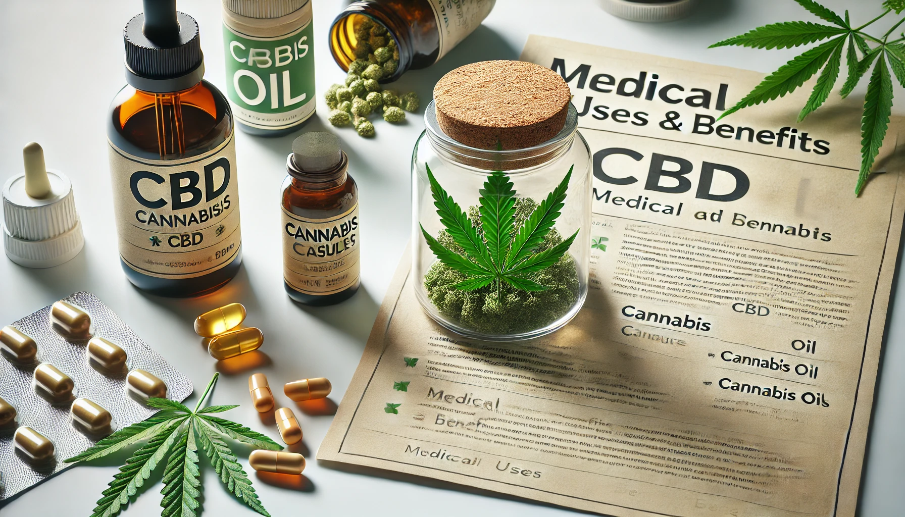 various cannabis products on a clean white table: a bottle of CBD oil, cannabis capsules, and a small cannabis flower in a glass container.