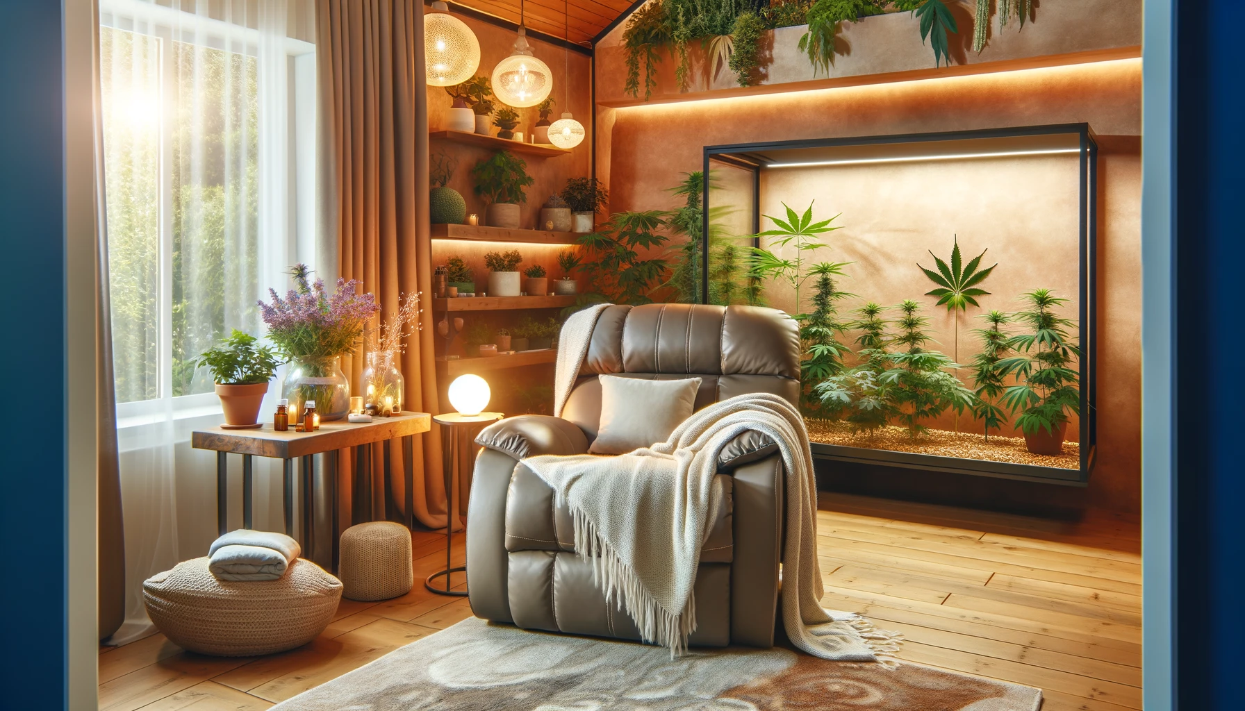 A cozy living room for post-surgical recovery. The room includes a plush recliner, soft throw blankets, ambient lighting, and a small indoor garden area featuring various medicinal plants, including cannabis.