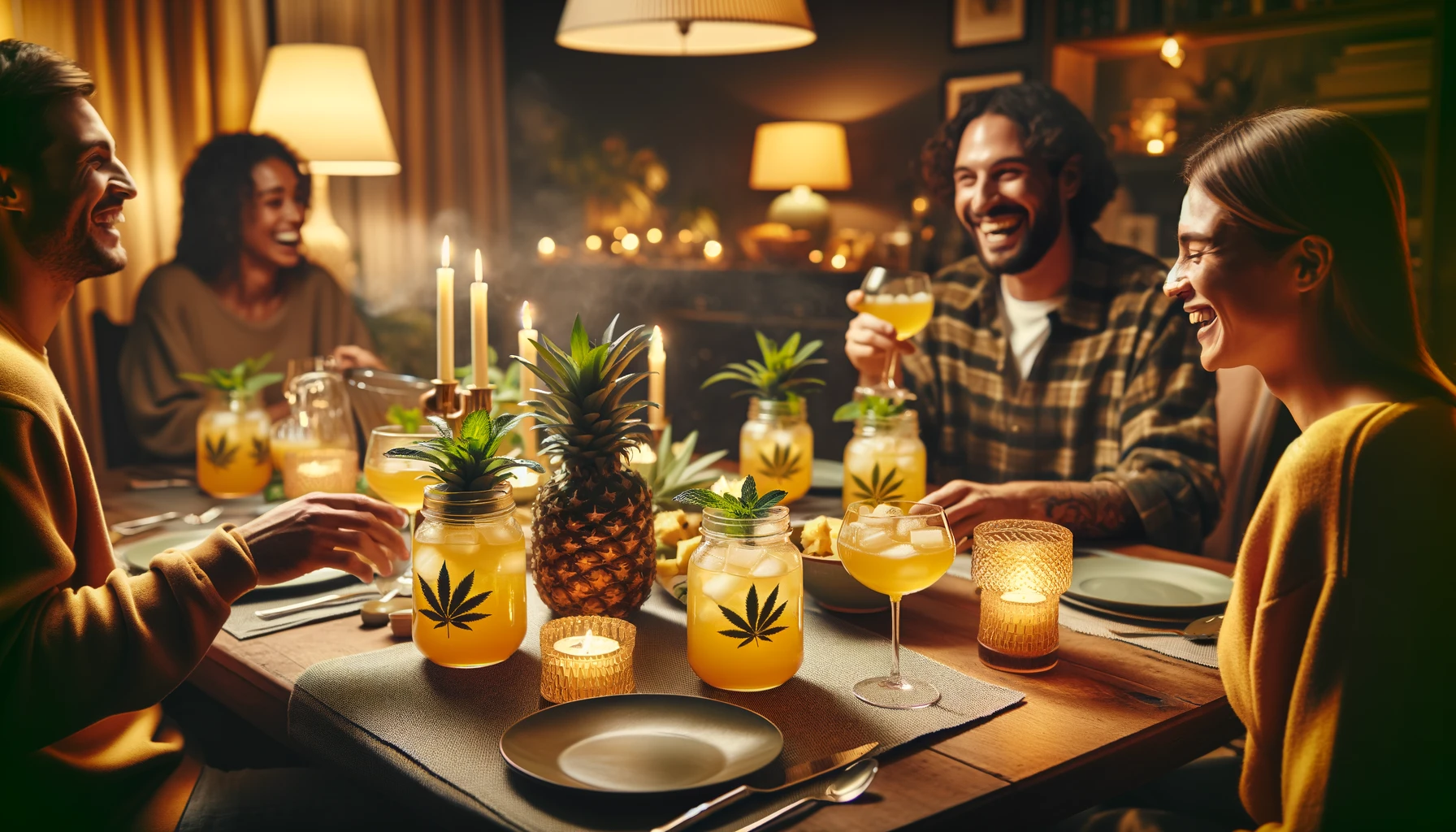 A cozy evening setting in a dining room where a group of friends are gathered around a table enjoying Cannabis Pineapple Punch. 