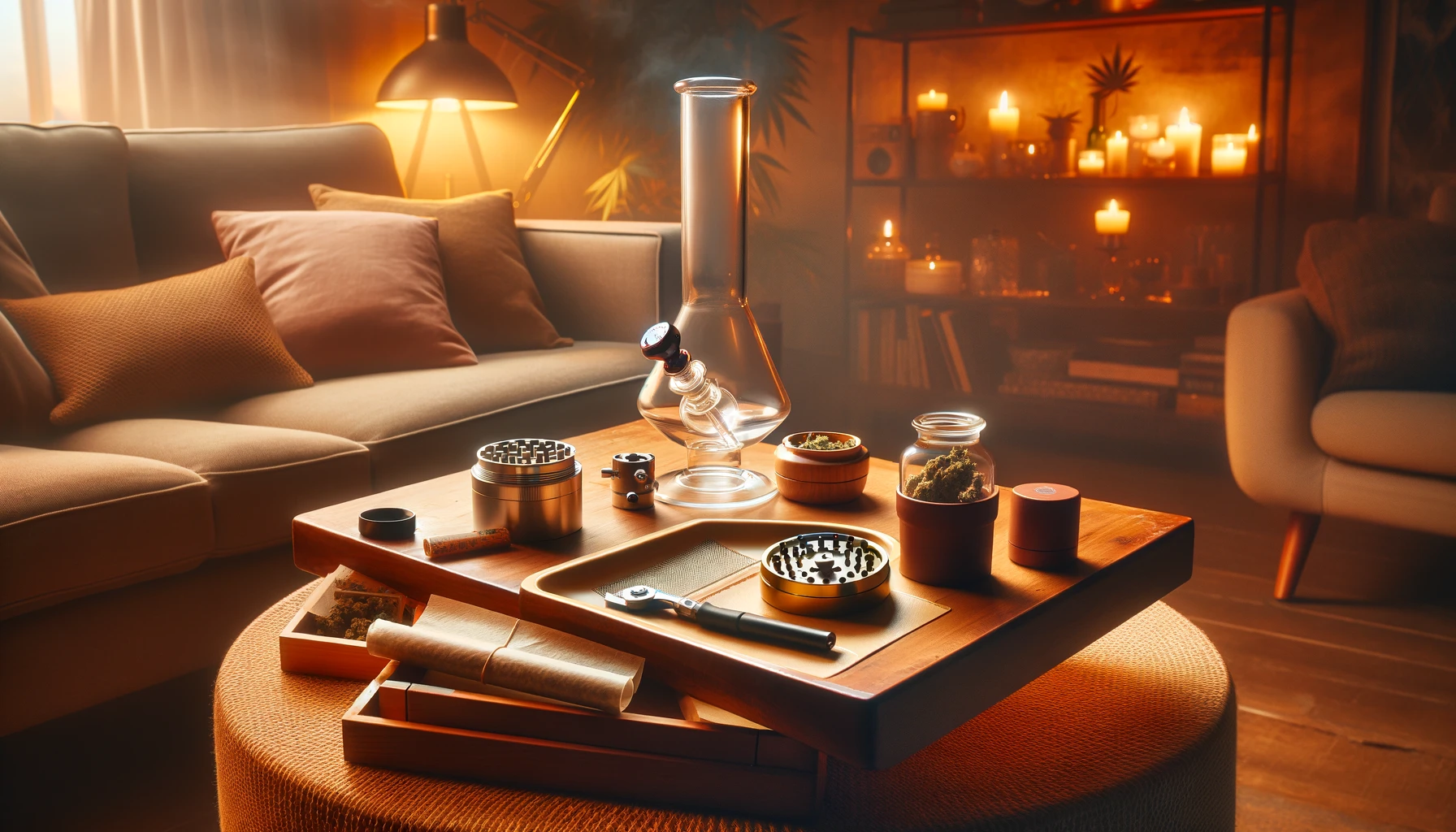 A cozy living room scene at dusk, with soft, ambient lighting. On a central coffee table, there's a collection of cannabis accessories arranged neatly: a quality grinder, a set of artisan rolling papers, a stylish glass bong, and an airtight cannabis storage jar. 