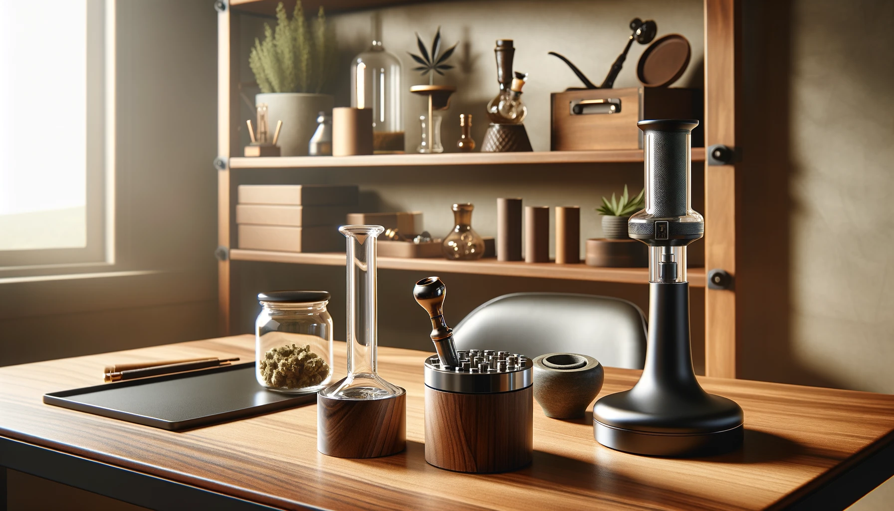 A home office setup featuring a polished wooden desk. On the desk, there's a high-quality grinder next to a sleek, modern dab rig. 