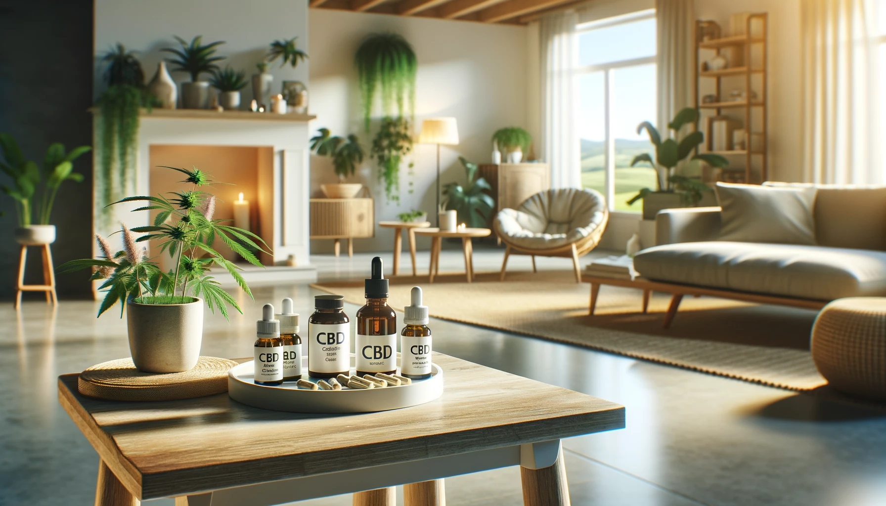 In the foreground, a small wooden table displays a range of CBD products including oils, capsules, and topical creams, each labeled with their CBD content. In the background, there is a living area with comfortable seating and green plants.