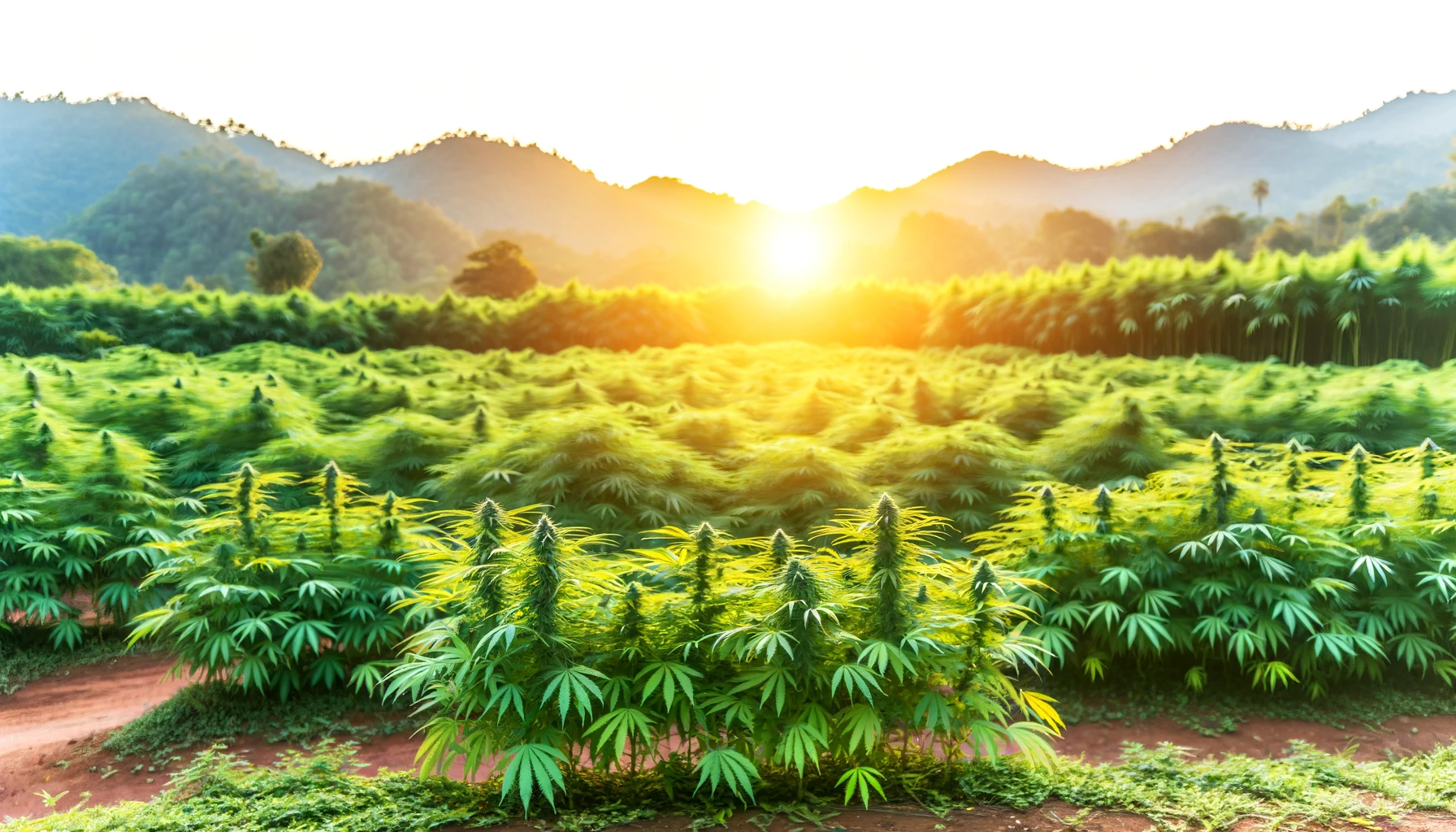 A lush outdoor cannabis farm at sunrise, showcasing rows of healthy cannabis plants basking in the natural sunlight.