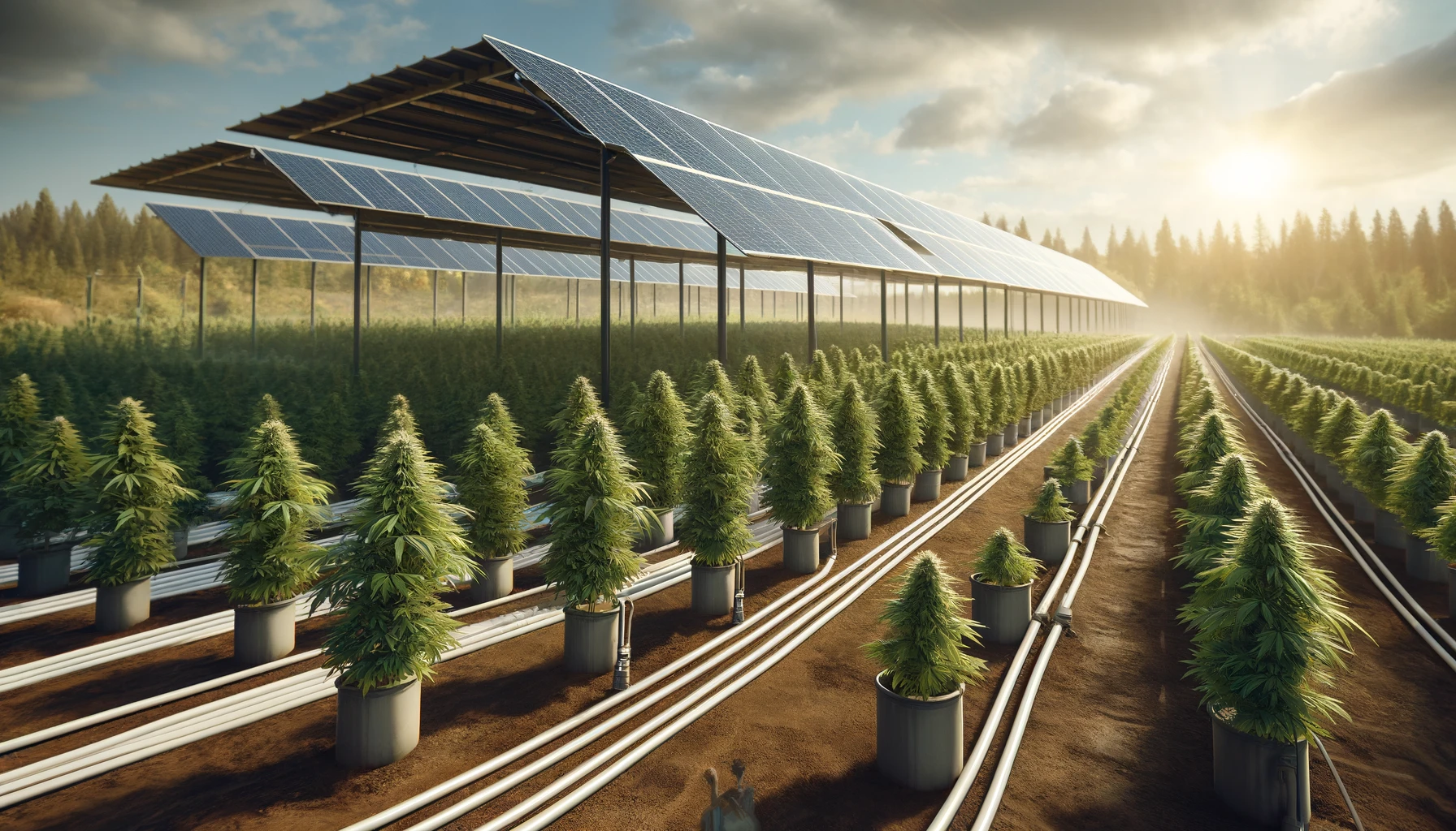An outdoor cannabis farm is  incorporating solar panels and drip irrigation systems. 