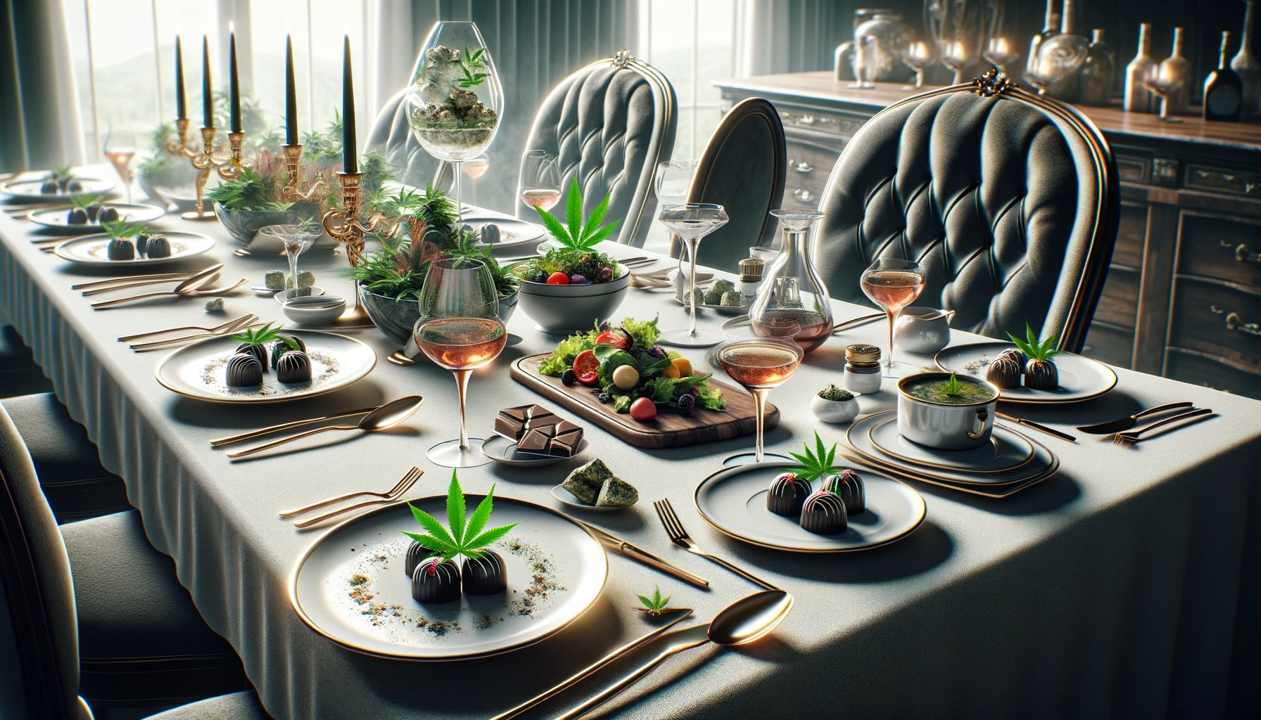 a gourmet dining table set with cannabis-infused dishes.