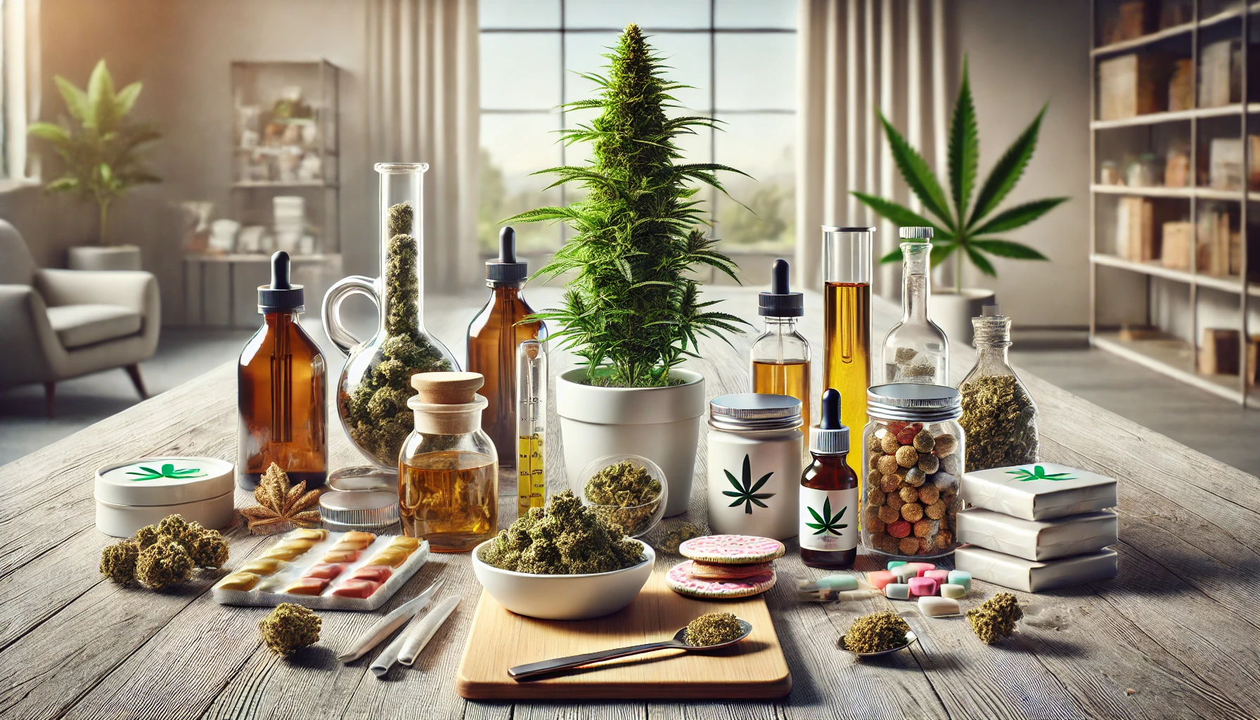 A variety of cannabis-related products, including dried buds, oil bottles, edibles, and a potted cannabis plant, all neatly arranged on a wooden table in a clean, modern setting with natural light.