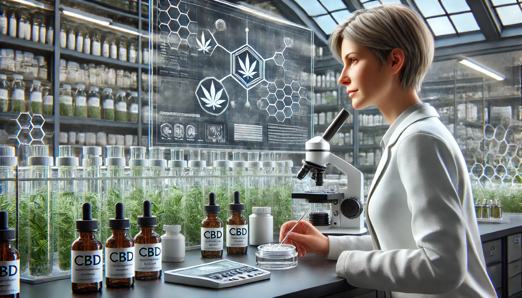 a modern skincare laboratory, focusing on a researcher examining CBD skincare products. The image captures the advanced scientific environment with detailed elements related to CBD research.