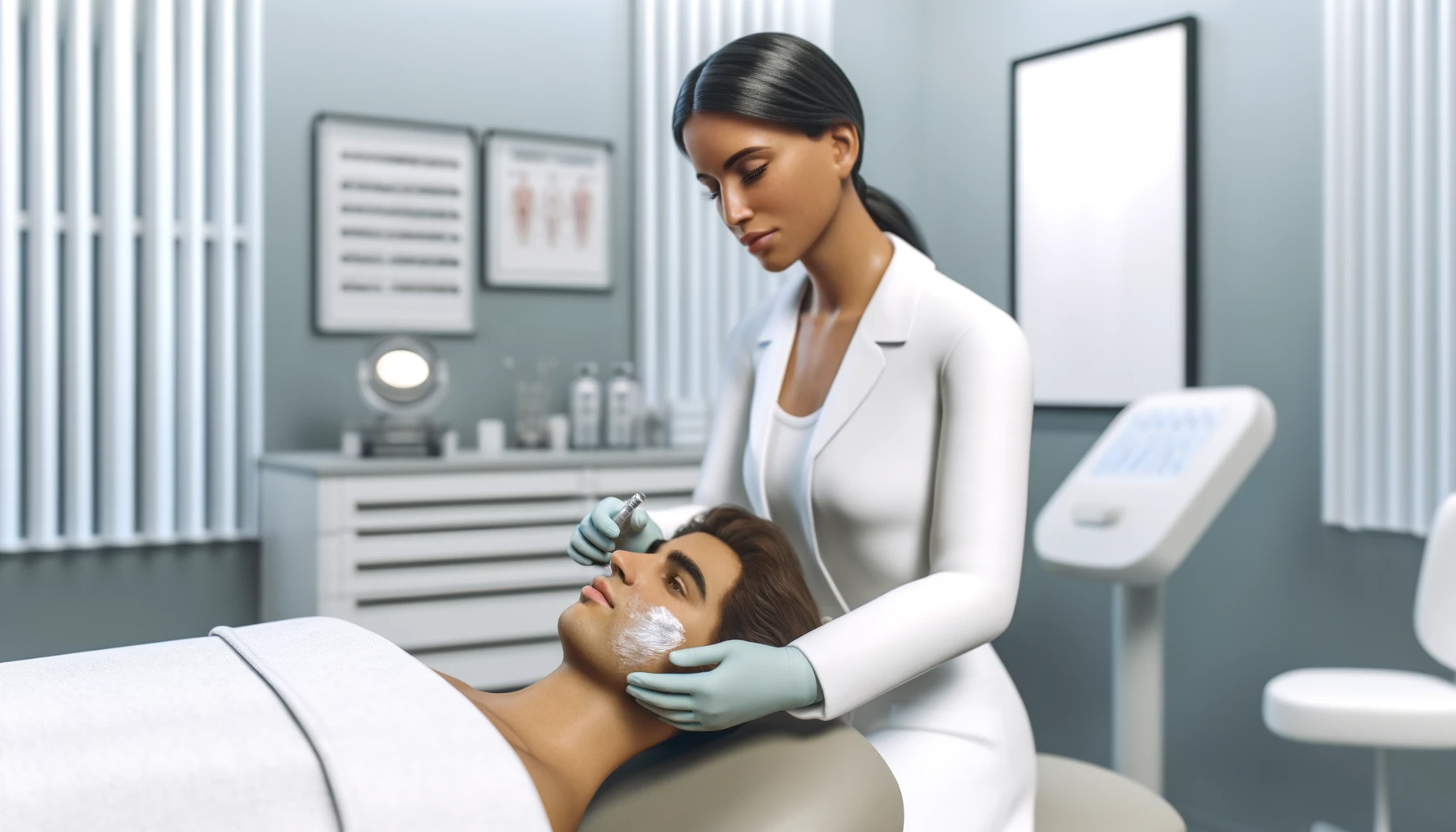 a professional dermatologist applying a CBD-infused cream to a patient's face in a clean, modern dermatology clinic.
