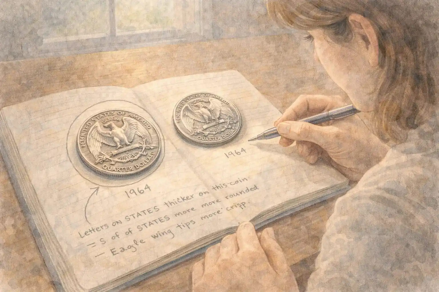 A woman compares two varieties of the 1964 silver quarter.