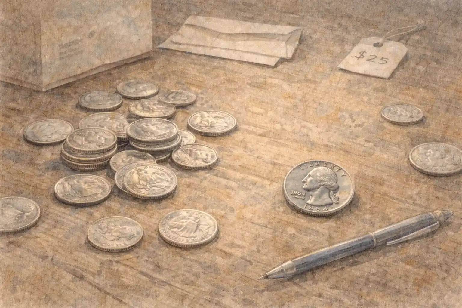 Old 1964 quarters are spread on the table.