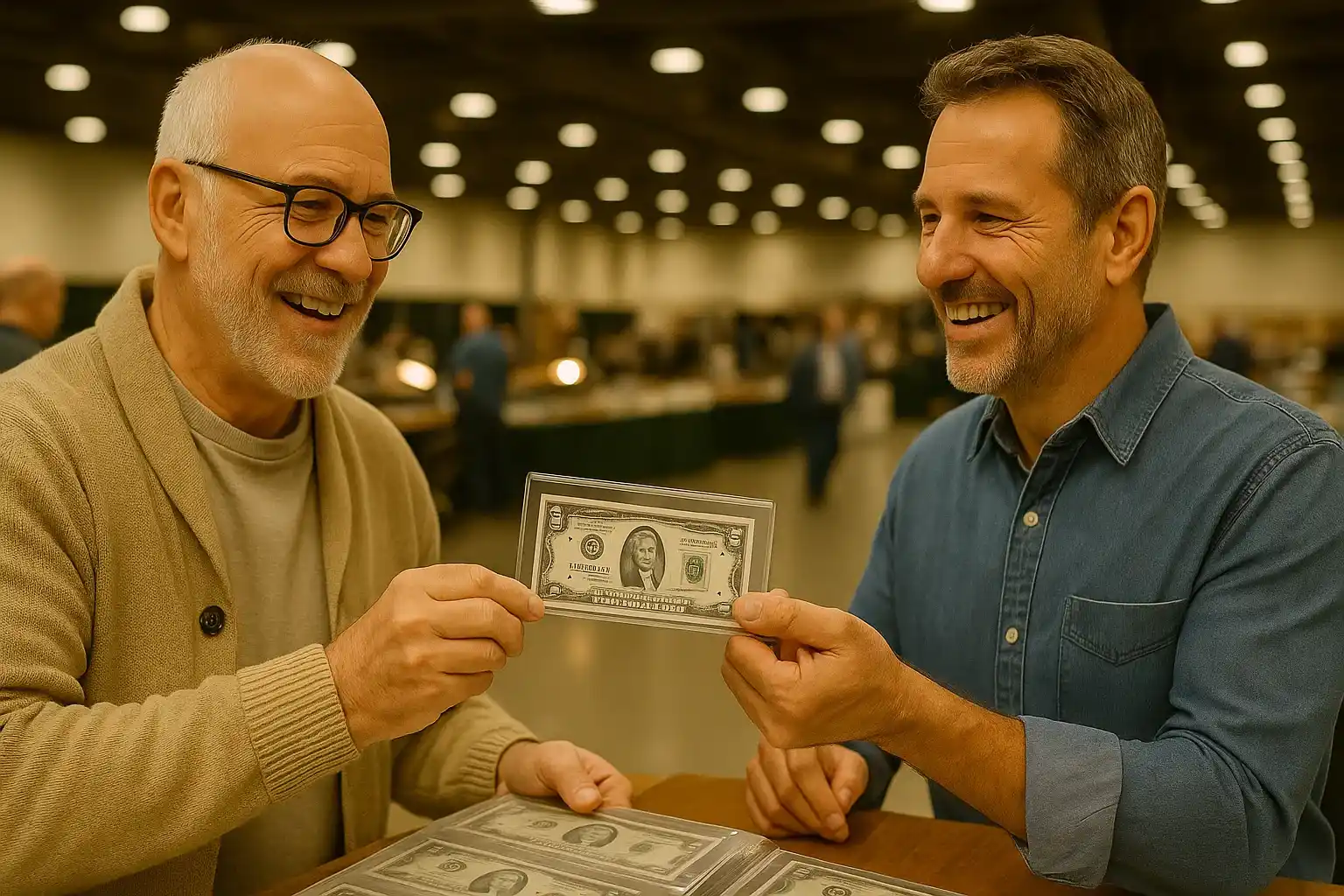 Two smiling collectors at a coin and currency show exchange a $2 bill in a protective sleeve.